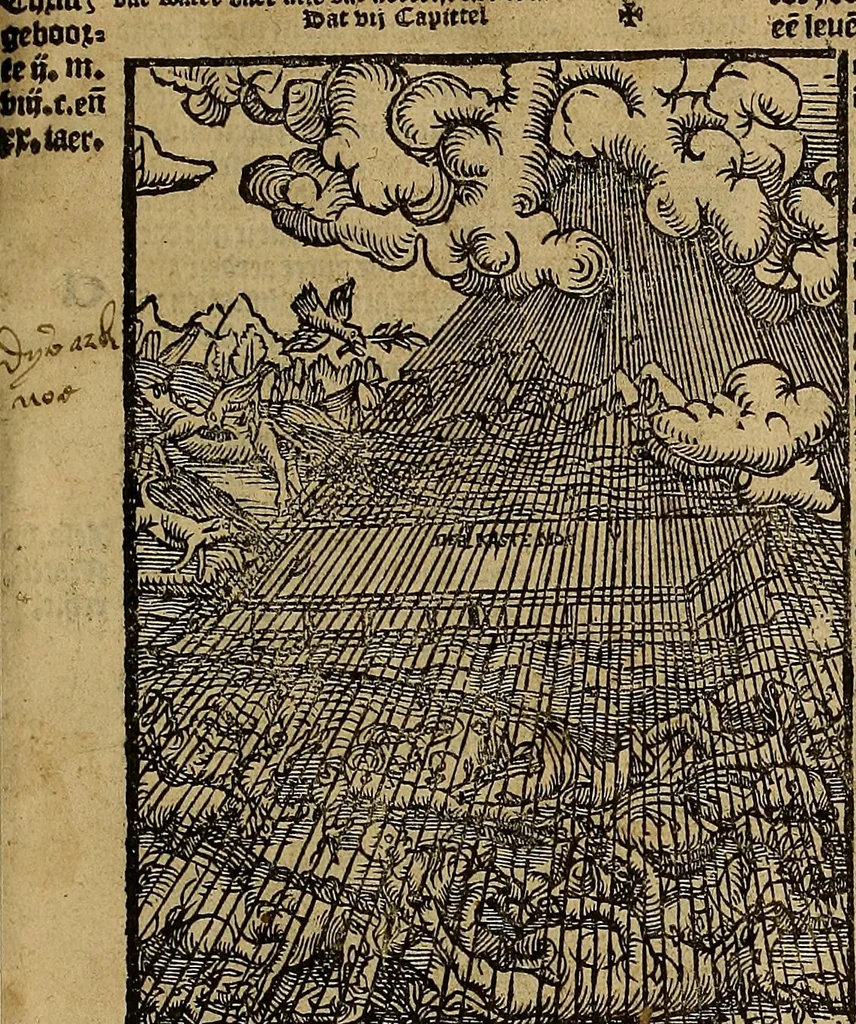 An illustration from Den Bibel, met grooter neersticheyt gecorrigeert : eñ op die canten gheset den ouderdom der werelt : ende hoe lange die gheschiedenissen ende historien der Bibelen elck int zijn voor Christus gheboorte gheweest zijn : ende daer bi vergadert wt fasciculus temporum, ende wt dye cronike va alder werelt, die principael historie der machtiger heydenscher conincrijcke, daer die heylige scrift oock dickwils af vermaent, tot een claerder verstant der Bibelscher historien : ende oock een onderscheyt der tijden te hebben, 1535, leaf 10
