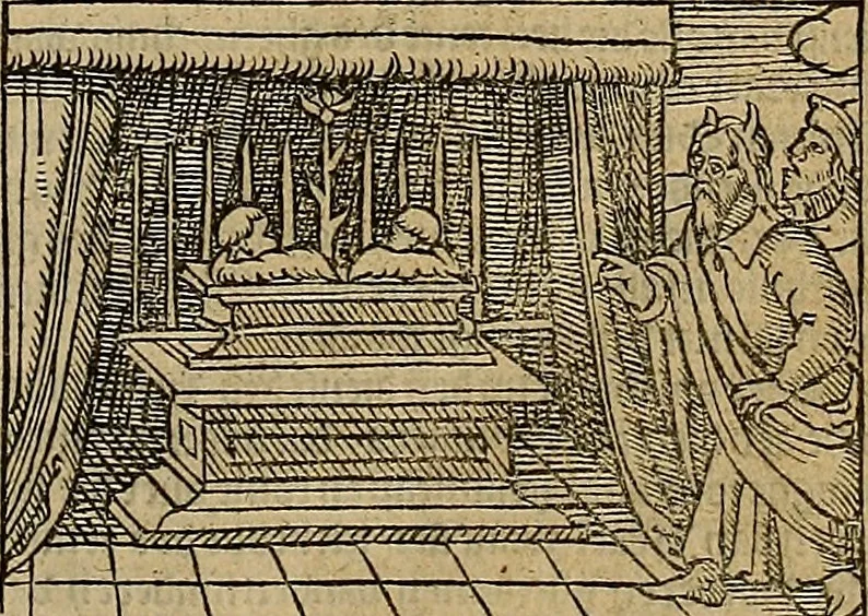 An illustration from Den Bibel, met grooter neersticheyt gecorrigeert : eñ op die canten gheset den ouderdom der werelt : ende hoe lange die gheschiedenissen ende historien der Bibelen elck int zijn voor Christus gheboorte gheweest zijn : ende daer bi vergadert wt fasciculus temporum, ende wt dye cronike va alder werelt, die principael historie der machtiger heydenscher conincrijcke, daer die heylige scrift oock dickwils af vermaent, tot een claerder verstant der Bibelscher historien : ende oock een onderscheyt der tijden te hebben, 1535, leaf 108