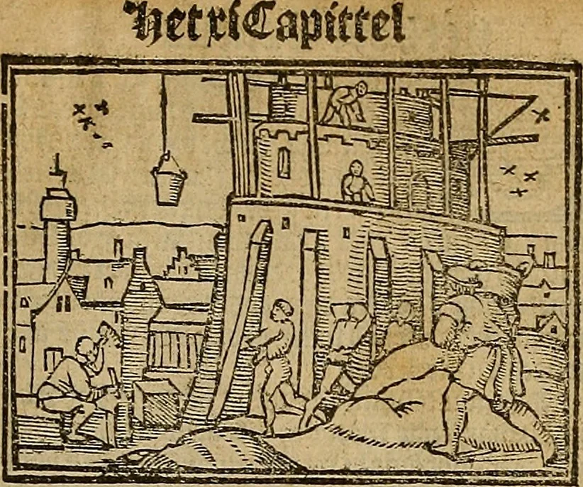 An illustration from Den Bibel, met grooter neersticheyt gecorrigeert : eñ op die canten gheset den ouderdom der werelt : ende hoe lange die gheschiedenissen ende historien der Bibelen elck int zijn voor Christus gheboorte gheweest zijn : ende daer bi vergadert wt fasciculus temporum, ende wt dye cronike va alder werelt, die principael historie der machtiger heydenscher conincrijcke, daer die heylige scrift oock dickwils af vermaent, tot een claerder verstant der Bibelscher historien : ende oock een onderscheyt der tijden te hebben, 1535, leaf 12