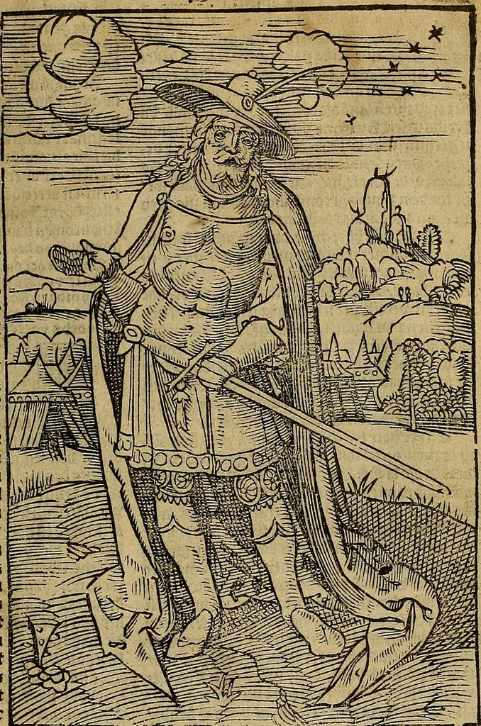 An illustration from Den Bibel, met grooter neersticheyt gecorrigeert : eñ op die canten gheset den ouderdom der werelt : ende hoe lange die gheschiedenissen ende historien der Bibelen elck int zijn voor Christus gheboorte gheweest zijn : ende daer bi vergadert wt fasciculus temporum, ende wt dye cronike va alder werelt, die principael historie der machtiger heydenscher conincrijcke, daer die heylige scrift oock dickwils af vermaent, tot een claerder verstant der Bibelscher historien : ende oock een onderscheyt der tijden te hebben, 1535, leaf 146