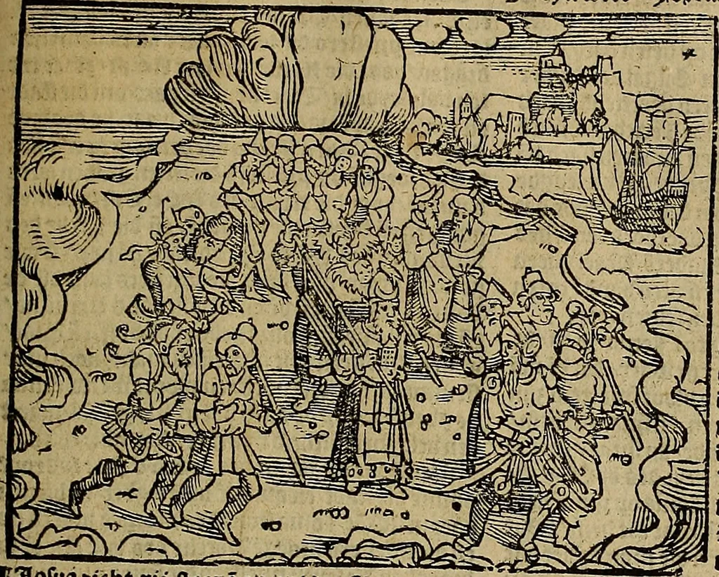 An illustration from Den Bibel, met grooter neersticheyt gecorrigeert : eñ op die canten gheset den ouderdom der werelt : ende hoe lange die gheschiedenissen ende historien der Bibelen elck int zijn voor Christus gheboorte gheweest zijn : ende daer bi vergadert wt fasciculus temporum, ende wt dye cronike va alder werelt, die principael historie der machtiger heydenscher conincrijcke, daer die heylige scrift oock dickwils af vermaent, tot een claerder verstant der Bibelscher historien : ende oock een onderscheyt der tijden te hebben, 1535, leaf 148
