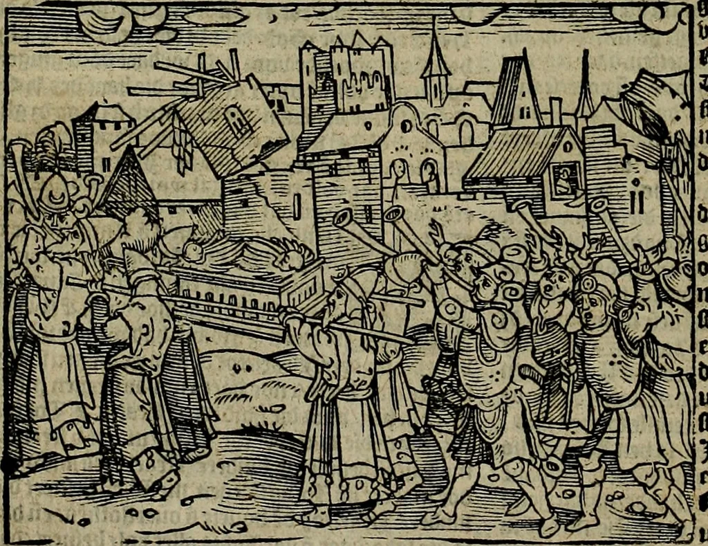 An illustration from Den Bibel, met grooter neersticheyt gecorrigeert : eñ op die canten gheset den ouderdom der werelt : ende hoe lange die gheschiedenissen ende historien der Bibelen elck int zijn voor Christus gheboorte gheweest zijn : ende daer bi vergadert wt fasciculus temporum, ende wt dye cronike va alder werelt, die principael historie der machtiger heydenscher conincrijcke, daer die heylige scrift oock dickwils af vermaent, tot een claerder verstant der Bibelscher historien : ende oock een onderscheyt der tijden te hebben, 1535, leaf 149