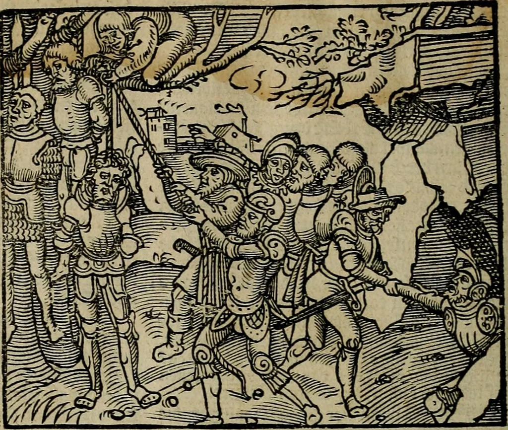 An illustration from Den Bibel, met grooter neersticheyt gecorrigeert : eñ op die canten gheset den ouderdom der werelt : ende hoe lange die gheschiedenissen ende historien der Bibelen elck int zijn voor Christus gheboorte gheweest zijn : ende daer bi vergadert wt fasciculus temporum, ende wt dye cronike va alder werelt, die principael historie der machtiger heydenscher conincrijcke, daer die heylige scrift oock dickwils af vermaent, tot een claerder verstant der Bibelscher historien : ende oock een onderscheyt der tijden te hebben, 1535, leaf 153