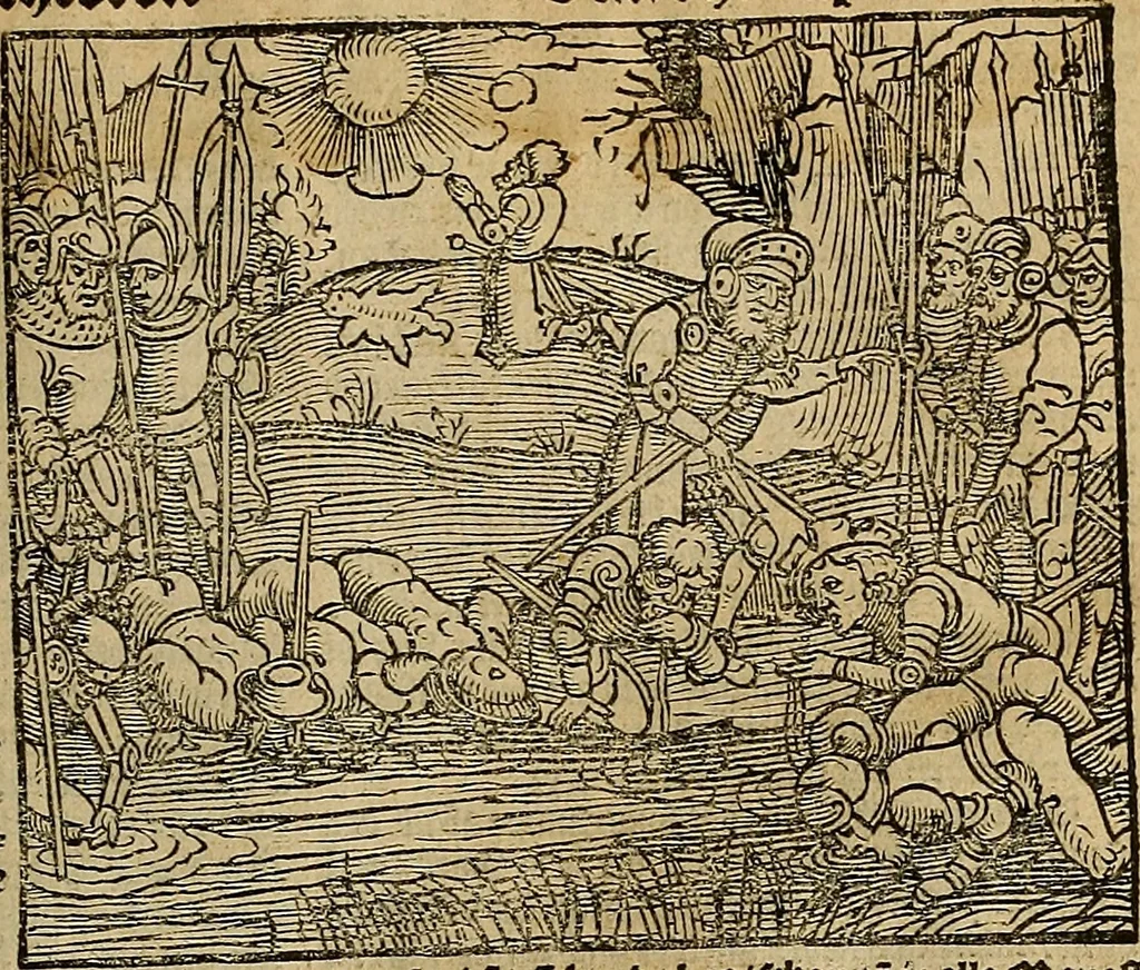 An illustration from Den Bibel, met grooter neersticheyt gecorrigeert : eñ op die canten gheset den ouderdom der werelt : ende hoe lange die gheschiedenissen ende historien der Bibelen elck int zijn voor Christus gheboorte gheweest zijn : ende daer bi vergadert wt fasciculus temporum, ende wt dye cronike va alder werelt, die principael historie der machtiger heydenscher conincrijcke, daer die heylige scrift oock dickwils af vermaent, tot een claerder verstant der Bibelscher historien : ende oock een onderscheyt der tijden te hebben, 1535, leaf 168