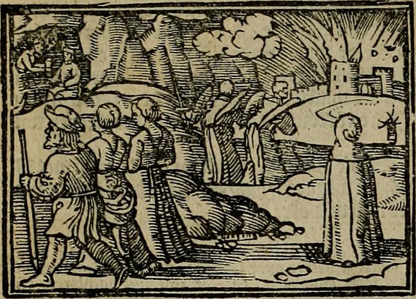 An illustration from Den Bibel, met grooter neersticheyt gecorrigeert : eñ op die canten gheset den ouderdom der werelt : ende hoe lange die gheschiedenissen ende historien der Bibelen elck int zijn voor Christus gheboorte gheweest zijn : ende daer bi vergadert wt fasciculus temporum, ende wt dye cronike va alder werelt, die principael historie der machtiger heydenscher conincrijcke, daer die heylige scrift oock dickwils af vermaent, tot een claerder verstant der Bibelscher historien : ende oock een onderscheyt der tijden te hebben, 1535, leaf 17