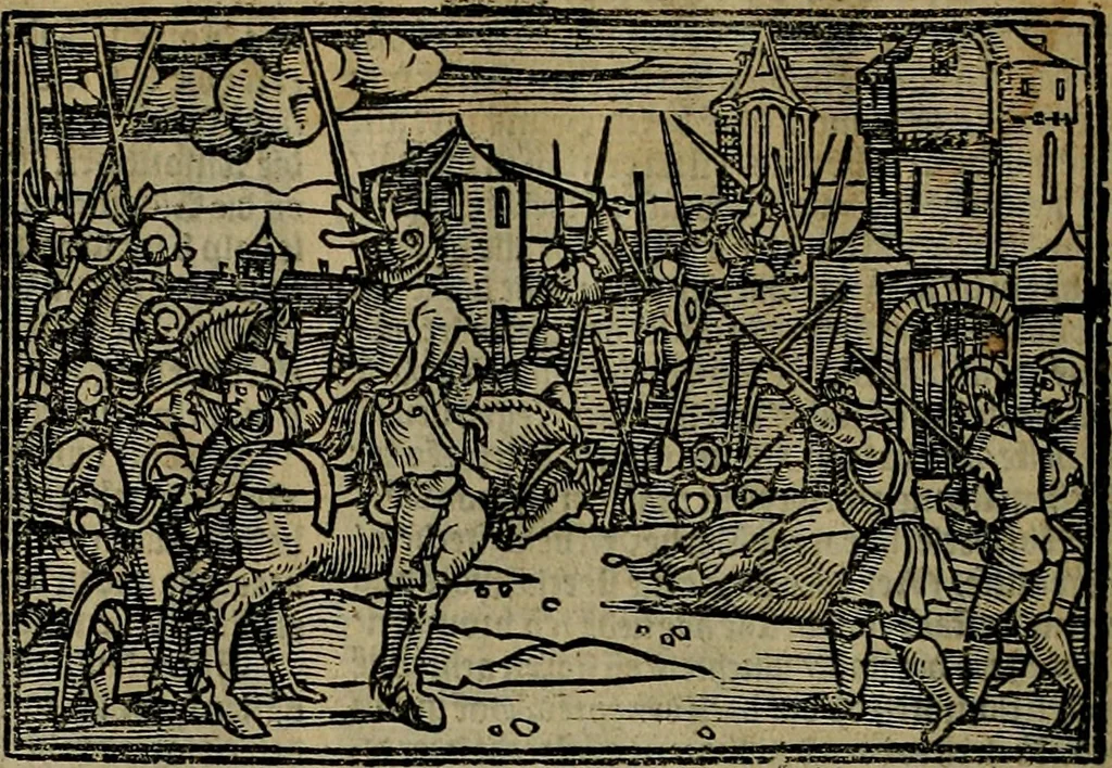 An illustration from Den Bibel, met grooter neersticheyt gecorrigeert : eñ op die canten gheset den ouderdom der werelt : ende hoe lange die gheschiedenissen ende historien der Bibelen elck int zijn voor Christus gheboorte gheweest zijn : ende daer bi vergadert wt fasciculus temporum, ende wt dye cronike va alder werelt, die principael historie der machtiger heydenscher conincrijcke, daer die heylige scrift oock dickwils af vermaent, tot een claerder verstant der Bibelscher historien : ende oock een onderscheyt der tijden te hebben, 1535, leaf 171