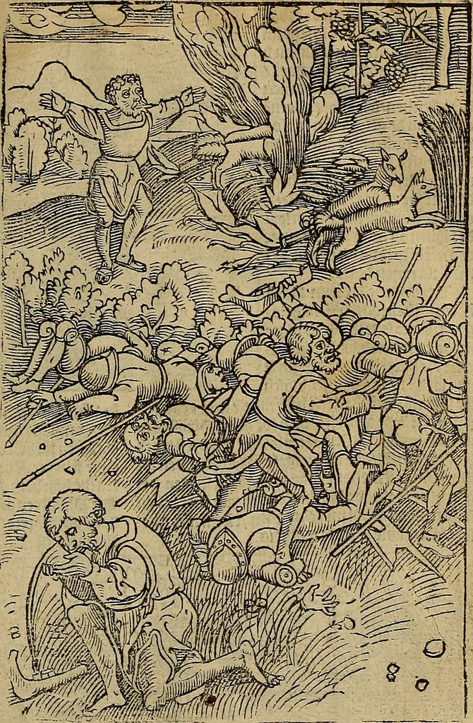 An illustration from Den Bibel, met grooter neersticheyt gecorrigeert : eñ op die canten gheset den ouderdom der werelt : ende hoe lange die gheschiedenissen ende historien der Bibelen elck int zijn voor Christus gheboorte gheweest zijn : ende daer bi vergadert wt fasciculus temporum, ende wt dye cronike va alder werelt, die principael historie der machtiger heydenscher conincrijcke, daer die heylige scrift oock dickwils af vermaent, tot een claerder verstant der Bibelscher historien : ende oock een onderscheyt der tijden te hebben, 1535, leaf 174