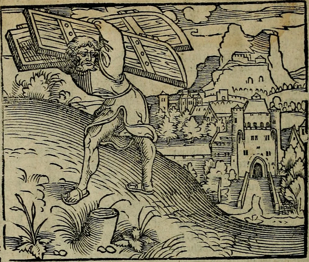An illustration from Den Bibel, met grooter neersticheyt gecorrigeert : eñ op die canten gheset den ouderdom der werelt : ende hoe lange die gheschiedenissen ende historien der Bibelen elck int zijn voor Christus gheboorte gheweest zijn : ende daer bi vergadert wt fasciculus temporum, ende wt dye cronike va alder werelt, die principael historie der machtiger heydenscher conincrijcke, daer die heylige scrift oock dickwils af vermaent, tot een claerder verstant der Bibelscher historien : ende oock een onderscheyt der tijden te hebben, 1535, leaf 175