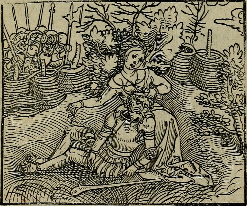 An illustration from Den Bibel, met grooter neersticheyt gecorrigeert : eñ op die canten gheset den ouderdom der werelt : ende hoe lange die gheschiedenissen ende historien der Bibelen elck int zijn voor Christus gheboorte gheweest zijn : ende daer bi vergadert wt fasciculus temporum, ende wt dye cronike va alder werelt, die principael historie der machtiger heydenscher conincrijcke, daer die heylige scrift oock dickwils af vermaent, tot een claerder verstant der Bibelscher historien : ende oock een onderscheyt der tijden te hebben, 1535, leaf 175