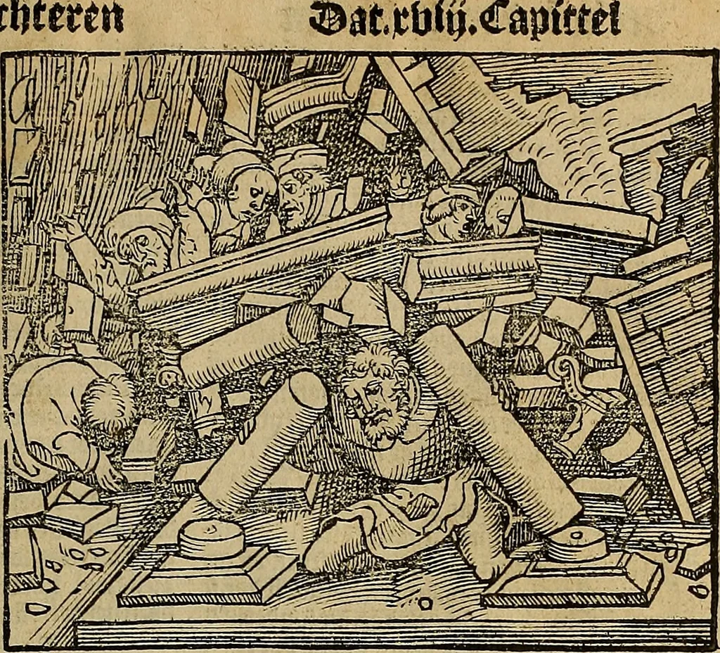 An illustration from Den Bibel, met grooter neersticheyt gecorrigeert : eñ op die canten gheset den ouderdom der werelt : ende hoe lange die gheschiedenissen ende historien der Bibelen elck int zijn voor Christus gheboorte gheweest zijn : ende daer bi vergadert wt fasciculus temporum, ende wt dye cronike va alder werelt, die principael historie der machtiger heydenscher conincrijcke, daer die heylige scrift oock dickwils af vermaent, tot een claerder verstant der Bibelscher historien : ende oock een onderscheyt der tijden te hebben, 1535, leaf 176