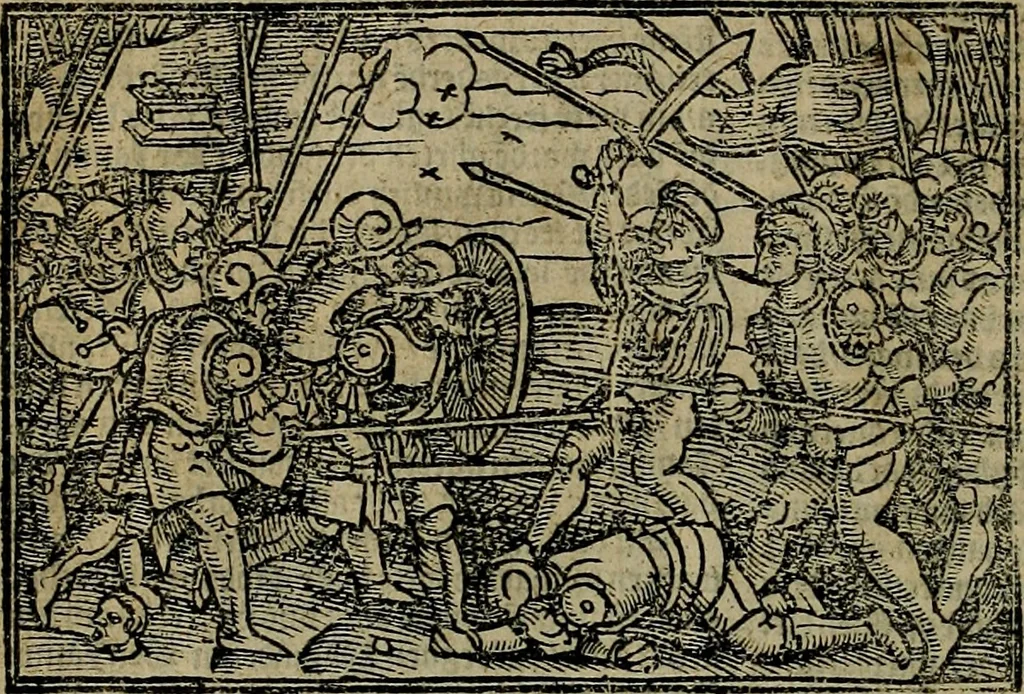 An illustration from Den Bibel, met grooter neersticheyt gecorrigeert : eñ op die canten gheset den ouderdom der werelt : ende hoe lange die gheschiedenissen ende historien der Bibelen elck int zijn voor Christus gheboorte gheweest zijn : ende daer bi vergadert wt fasciculus temporum, ende wt dye cronike va alder werelt, die principael historie der machtiger heydenscher conincrijcke, daer die heylige scrift oock dickwils af vermaent, tot een claerder verstant der Bibelscher historien : ende oock een onderscheyt der tijden te hebben, 1535, leaf 179