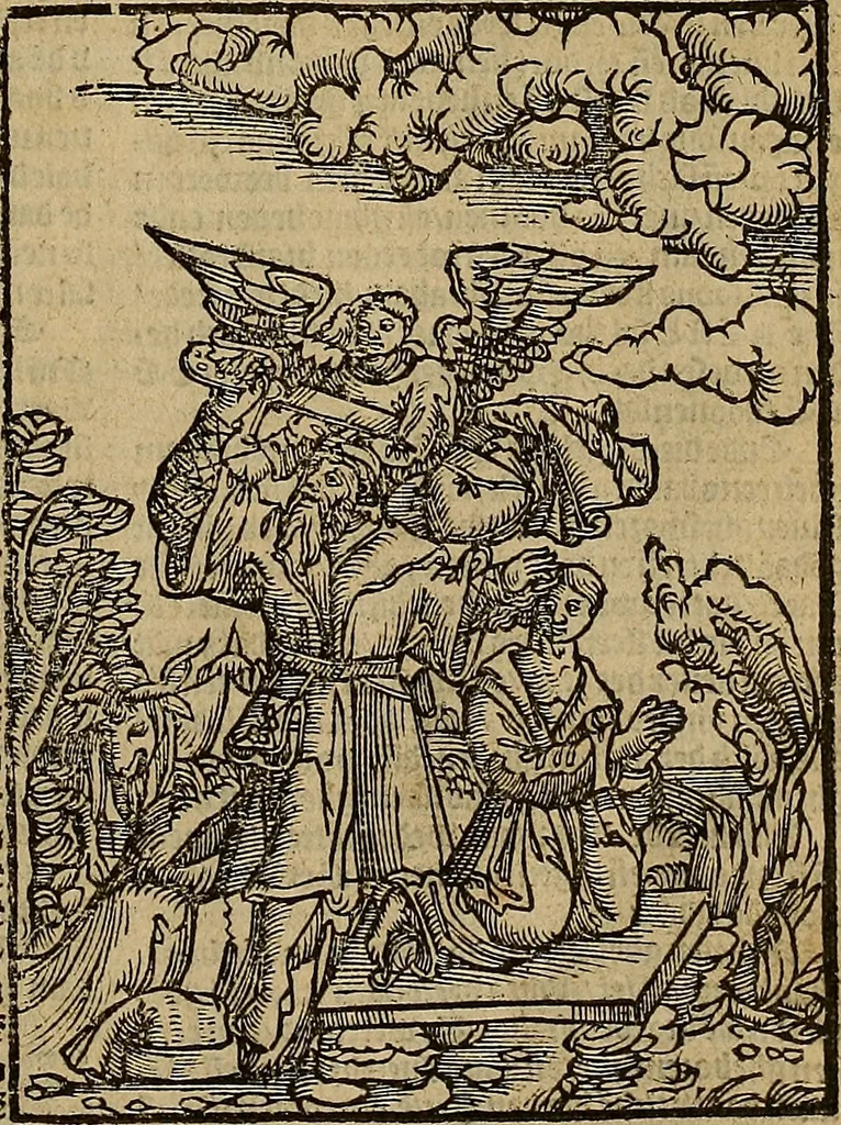 An illustration from Den Bibel, met grooter neersticheyt gecorrigeert : eñ op die canten gheset den ouderdom der werelt : ende hoe lange die gheschiedenissen ende historien der Bibelen elck int zijn voor Christus gheboorte gheweest zijn : ende daer bi vergadert wt fasciculus temporum, ende wt dye cronike va alder werelt, die principael historie der machtiger heydenscher conincrijcke, daer die heylige scrift oock dickwils af vermaent, tot een claerder verstant der Bibelscher historien : ende oock een onderscheyt der tijden te hebben, 1535, leaf 18