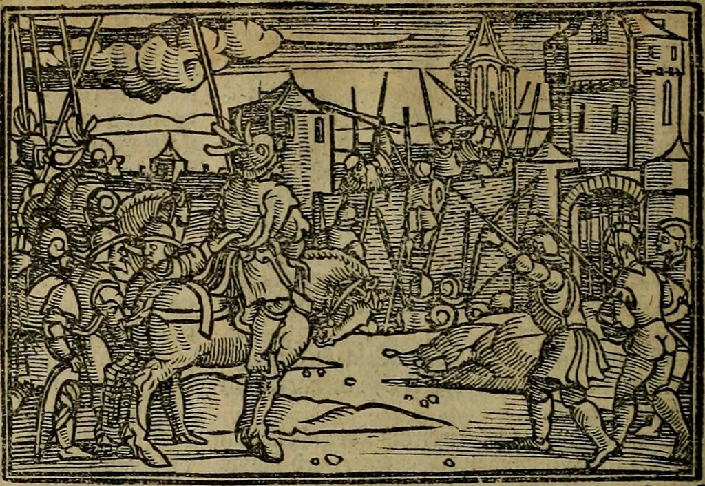 An illustration from Den Bibel, met grooter neersticheyt gecorrigeert : eñ op die canten gheset den ouderdom der werelt : ende hoe lange die gheschiedenissen ende historien der Bibelen elck int zijn voor Christus gheboorte gheweest zijn : ende daer bi vergadert wt fasciculus temporum, ende wt dye cronike va alder werelt, die principael historie der machtiger heydenscher conincrijcke, daer die heylige scrift oock dickwils af vermaent, tot een claerder verstant der Bibelscher historien : ende oock een onderscheyt der tijden te hebben, 1535, leaf 185