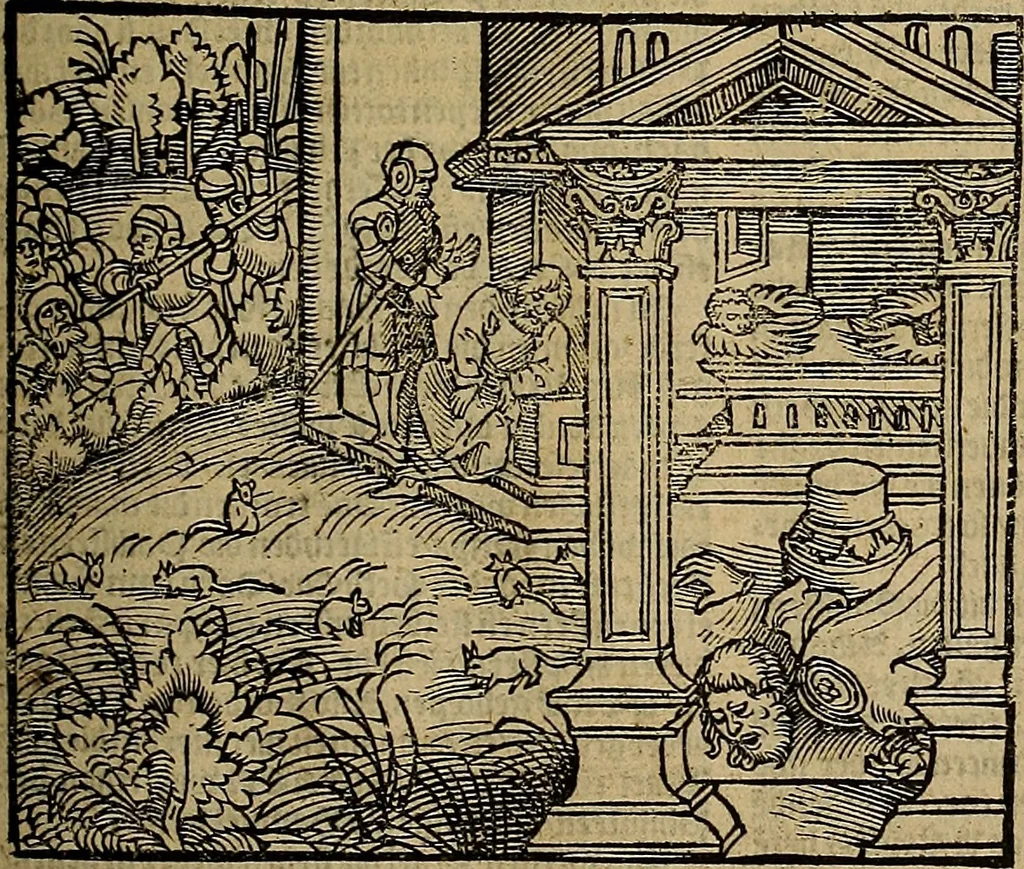 An illustration from Den Bibel, met grooter neersticheyt gecorrigeert : eñ op die canten gheset den ouderdom der werelt : ende hoe lange die gheschiedenissen ende historien der Bibelen elck int zijn voor Christus gheboorte gheweest zijn : ende daer bi vergadert wt fasciculus temporum, ende wt dye cronike va alder werelt, die principael historie der machtiger heydenscher conincrijcke, daer die heylige scrift oock dickwils af vermaent, tot een claerder verstant der Bibelscher historien : ende oock een onderscheyt der tijden te hebben, 1535, leaf 186
