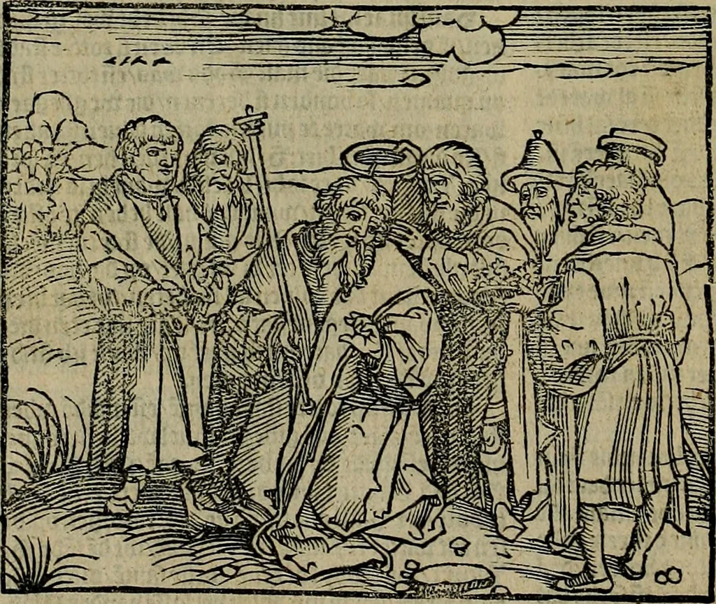 An illustration from Den Bibel, met grooter neersticheyt gecorrigeert : eñ op die canten gheset den ouderdom der werelt : ende hoe lange die gheschiedenissen ende historien der Bibelen elck int zijn voor Christus gheboorte gheweest zijn : ende daer bi vergadert wt fasciculus temporum, ende wt dye cronike va alder werelt, die principael historie der machtiger heydenscher conincrijcke, daer die heylige scrift oock dickwils af vermaent, tot een claerder verstant der Bibelscher historien : ende oock een onderscheyt der tijden te hebben, 1535, leaf 189
