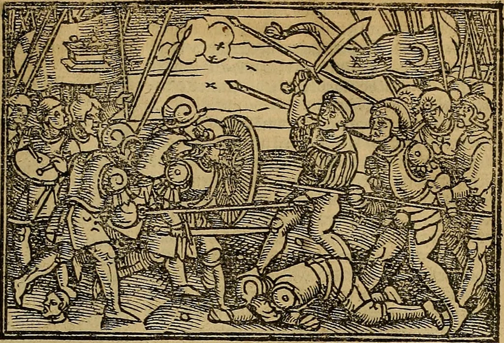 An illustration from Den Bibel, met grooter neersticheyt gecorrigeert : eñ op die canten gheset den ouderdom der werelt : ende hoe lange die gheschiedenissen ende historien der Bibelen elck int zijn voor Christus gheboorte gheweest zijn : ende daer bi vergadert wt fasciculus temporum, ende wt dye cronike va alder werelt, die principael historie der machtiger heydenscher conincrijcke, daer die heylige scrift oock dickwils af vermaent, tot een claerder verstant der Bibelscher historien : ende oock een onderscheyt der tijden te hebben, 1535, leaf 190