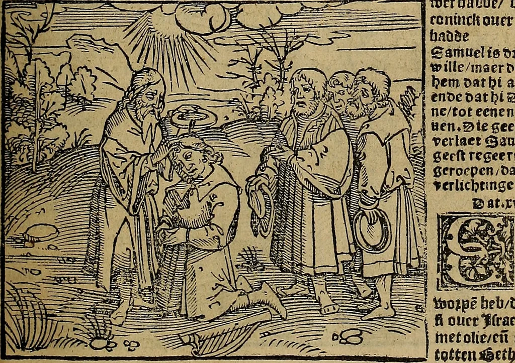 An illustration from Den Bibel, met grooter neersticheyt gecorrigeert : eñ op die canten gheset den ouderdom der werelt : ende hoe lange die gheschiedenissen ende historien der Bibelen elck int zijn voor Christus gheboorte gheweest zijn : ende daer bi vergadert wt fasciculus temporum, ende wt dye cronike va alder werelt, die principael historie der machtiger heydenscher conincrijcke, daer die heylige scrift oock dickwils af vermaent, tot een claerder verstant der Bibelscher historien : ende oock een onderscheyt der tijden te hebben, 1535, leaf 194
