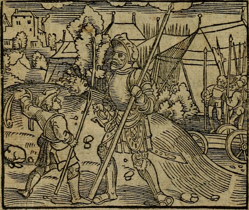 An illustration from Den Bibel, met grooter neersticheyt gecorrigeert : eñ op die canten gheset den ouderdom der werelt : ende hoe lange die gheschiedenissen ende historien der Bibelen elck int zijn voor Christus gheboorte gheweest zijn : ende daer bi vergadert wt fasciculus temporum, ende wt dye cronike va alder werelt, die principael historie der machtiger heydenscher conincrijcke, daer die heylige scrift oock dickwils af vermaent, tot een claerder verstant der Bibelscher historien : ende oock een onderscheyt der tijden te hebben, 1535, leaf 195