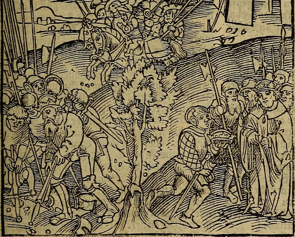 An illustration from Den Bibel, met grooter neersticheyt gecorrigeert : eñ op die canten gheset den ouderdom der werelt : ende hoe lange die gheschiedenissen ende historien der Bibelen elck int zijn voor Christus gheboorte gheweest zijn : ende daer bi vergadert wt fasciculus temporum, ende wt dye cronike va alder werelt, die principael historie der machtiger heydenscher conincrijcke, daer die heylige scrift oock dickwils af vermaent, tot een claerder verstant der Bibelscher historien : ende oock een onderscheyt der tijden te hebben, 1535, leaf 206