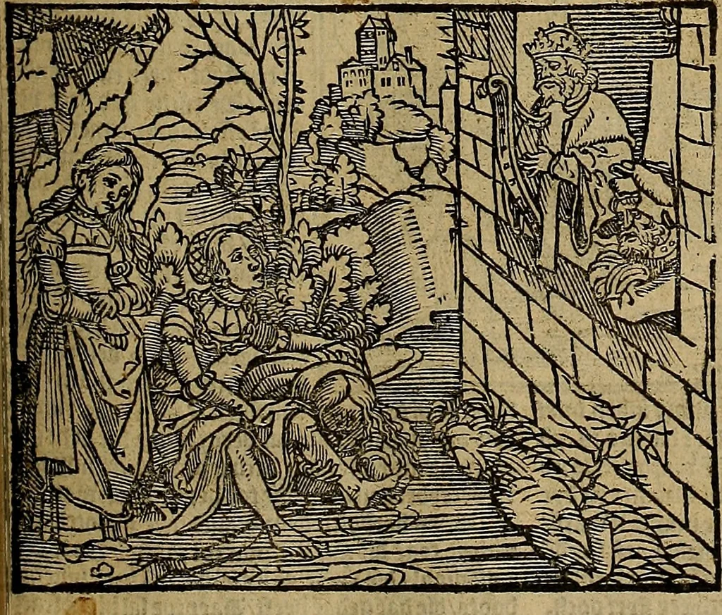 An illustration from Den Bibel, met grooter neersticheyt gecorrigeert : eñ op die canten gheset den ouderdom der werelt : ende hoe lange die gheschiedenissen ende historien der Bibelen elck int zijn voor Christus gheboorte gheweest zijn : ende daer bi vergadert wt fasciculus temporum, ende wt dye cronike va alder werelt, die principael historie der machtiger heydenscher conincrijcke, daer die heylige scrift oock dickwils af vermaent, tot een claerder verstant der Bibelscher historien : ende oock een onderscheyt der tijden te hebben, 1535, leaf 212