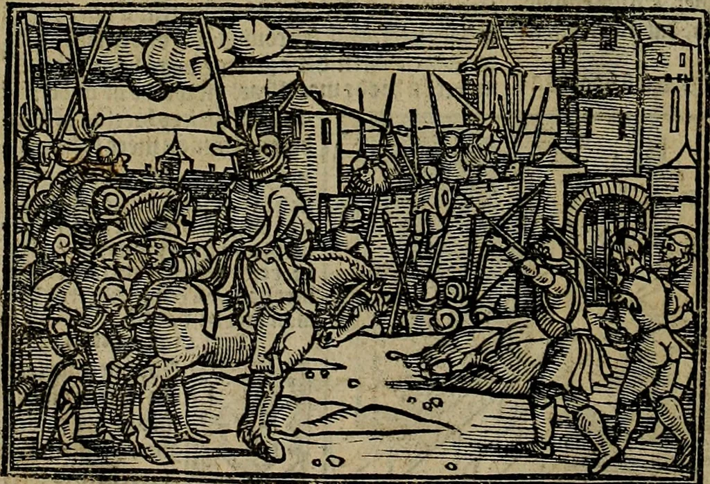 An illustration from Den Bibel, met grooter neersticheyt gecorrigeert : eñ op die canten gheset den ouderdom der werelt : ende hoe lange die gheschiedenissen ende historien der Bibelen elck int zijn voor Christus gheboorte gheweest zijn : ende daer bi vergadert wt fasciculus temporum, ende wt dye cronike va alder werelt, die principael historie der machtiger heydenscher conincrijcke, daer die heylige scrift oock dickwils af vermaent, tot een claerder verstant der Bibelscher historien : ende oock een onderscheyt der tijden te hebben, 1535, leaf 213