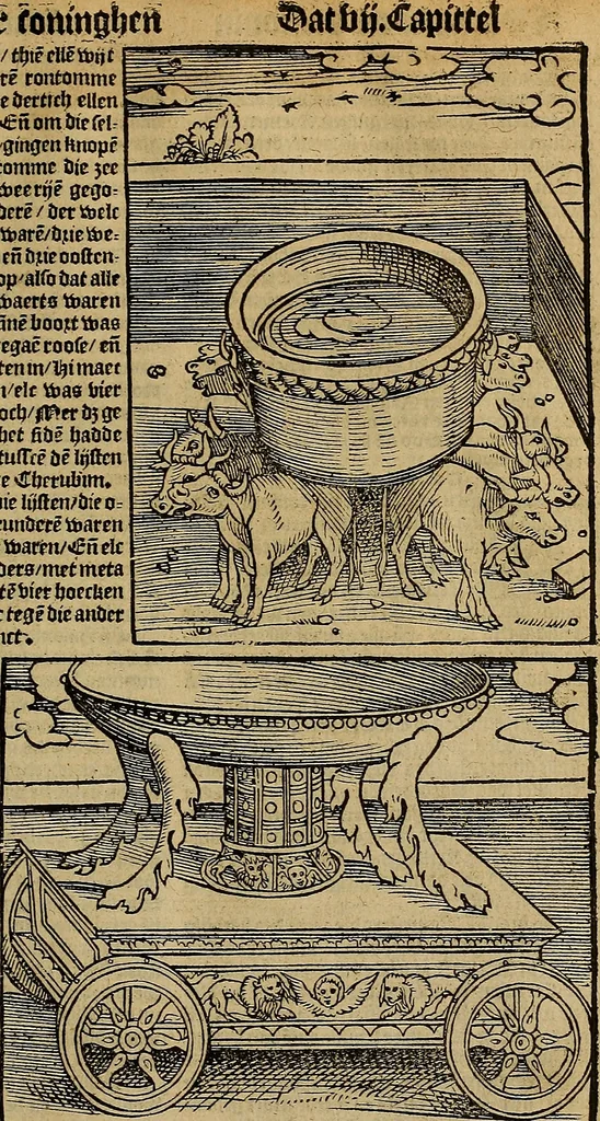An illustration from Den Bibel, met grooter neersticheyt gecorrigeert : eñ op die canten gheset den ouderdom der werelt : ende hoe lange die gheschiedenissen ende historien der Bibelen elck int zijn voor Christus gheboorte gheweest zijn : ende daer bi vergadert wt fasciculus temporum, ende wt dye cronike va alder werelt, die principael historie der machtiger heydenscher conincrijcke, daer die heylige scrift oock dickwils af vermaent, tot een claerder verstant der Bibelscher historien : ende oock een onderscheyt der tijden te hebben, 1535, leaf 232