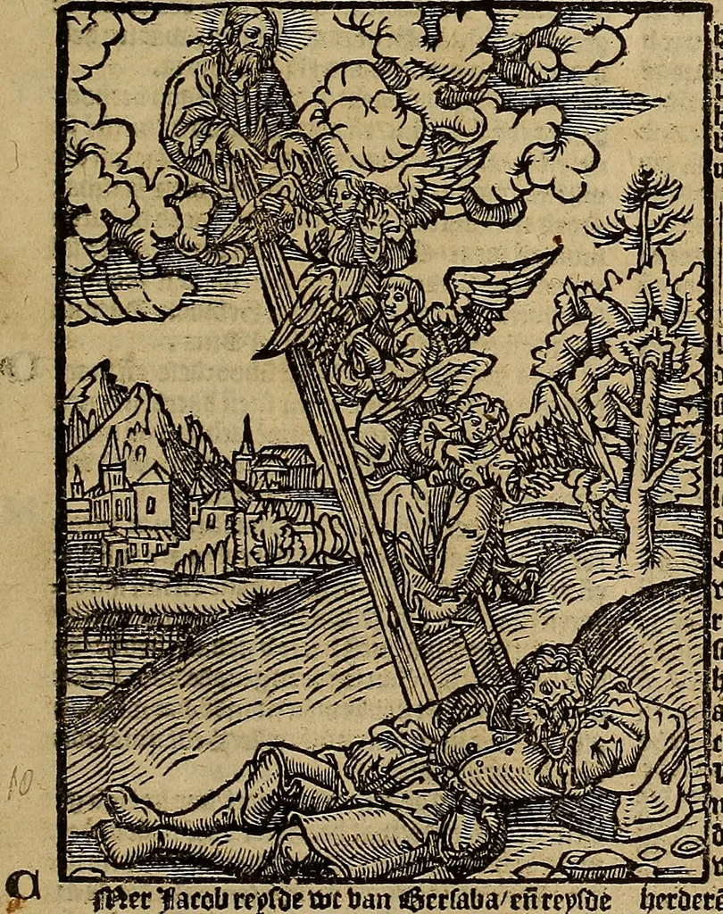 An illustration from Den Bibel, met grooter neersticheyt gecorrigeert : eñ op die canten gheset den ouderdom der werelt : ende hoe lange die gheschiedenissen ende historien der Bibelen elck int zijn voor Christus gheboorte gheweest zijn : ende daer bi vergadert wt fasciculus temporum, ende wt dye cronike va alder werelt, die principael historie der machtiger heydenscher conincrijcke, daer die heylige scrift oock dickwils af vermaent, tot een claerder verstant der Bibelscher historien : ende oock een onderscheyt der tijden te hebben, 1535, leaf 24