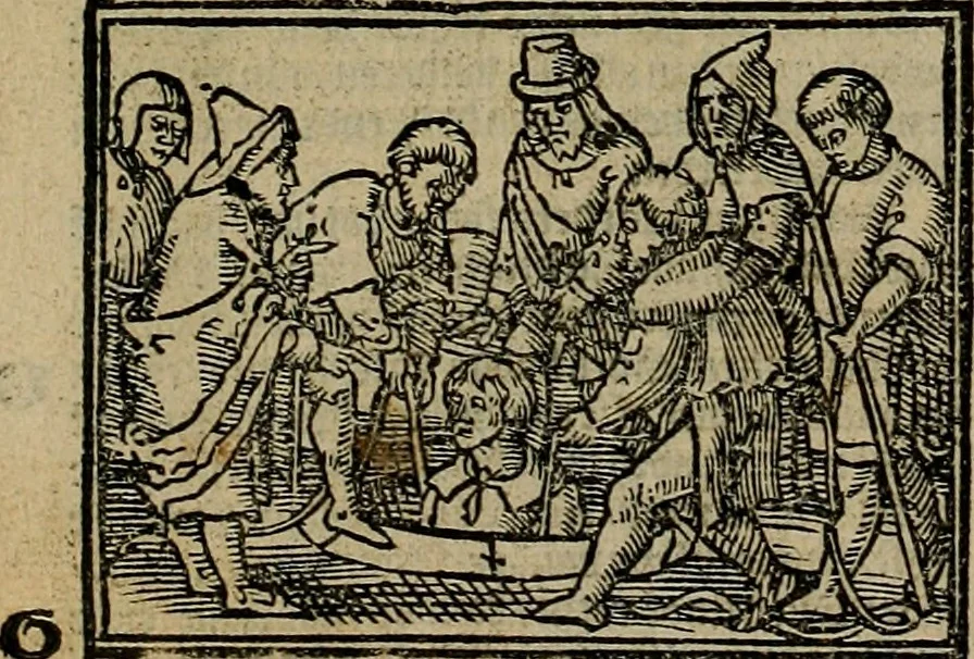 An illustration from Den Bibel, met grooter neersticheyt gecorrigeert : eñ op die canten gheset den ouderdom der werelt : ende hoe lange die gheschiedenissen ende historien der Bibelen elck int zijn voor Christus gheboorte gheweest zijn : ende daer bi vergadert wt fasciculus temporum, ende wt dye cronike va alder werelt, die principael historie der machtiger heydenscher conincrijcke, daer die heylige scrift oock dickwils af vermaent, tot een claerder verstant der Bibelscher historien : ende oock een onderscheyt der tijden te hebben, 1535, leaf 31