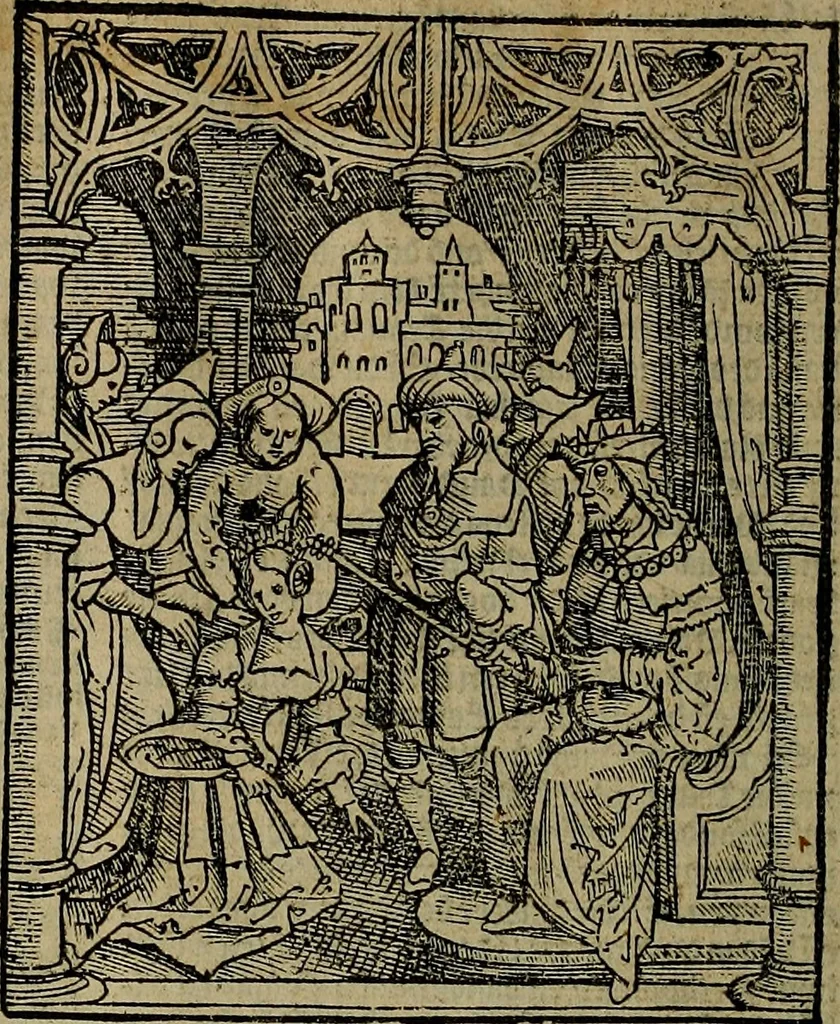 An illustration from Den Bibel, met grooter neersticheyt gecorrigeert : eñ op die canten gheset den ouderdom der werelt : ende hoe lange die gheschiedenissen ende historien der Bibelen elck int zijn voor Christus gheboorte gheweest zijn : ende daer bi vergadert wt fasciculus temporum, ende wt dye cronike va alder werelt, die principael historie der machtiger heydenscher conincrijcke, daer die heylige scrift oock dickwils af vermaent, tot een claerder verstant der Bibelscher historien : ende oock een onderscheyt der tijden te hebben, 1535, leaf 323