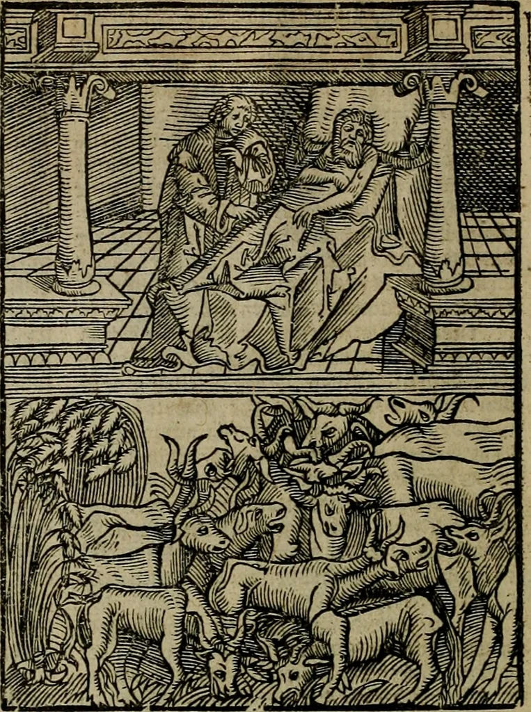 An illustration from Den Bibel, met grooter neersticheyt gecorrigeert : eñ op die canten gheset den ouderdom der werelt : ende hoe lange die gheschiedenissen ende historien der Bibelen elck int zijn voor Christus gheboorte gheweest zijn : ende daer bi vergadert wt fasciculus temporum, ende wt dye cronike va alder werelt, die principael historie der machtiger heydenscher conincrijcke, daer die heylige scrift oock dickwils af vermaent, tot een claerder verstant der Bibelscher historien : ende oock een onderscheyt der tijden te hebben, 1535, leaf 33