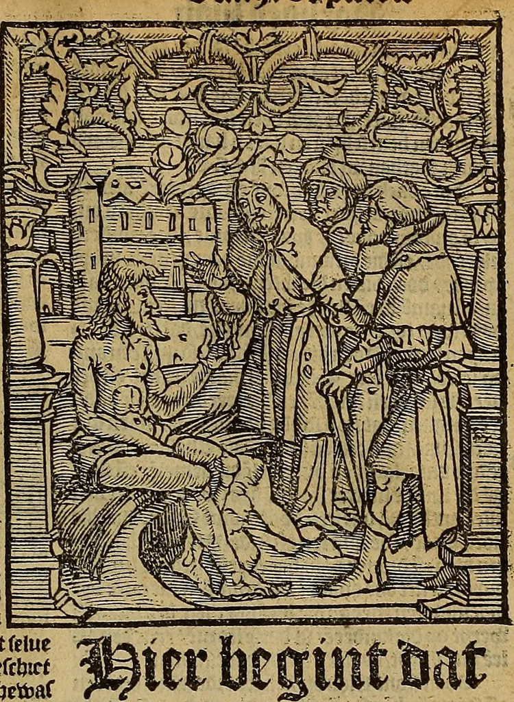 An illustration from Den Bibel, met grooter neersticheyt gecorrigeert : eñ op die canten gheset den ouderdom der werelt : ende hoe lange die gheschiedenissen ende historien der Bibelen elck int zijn voor Christus gheboorte gheweest zijn : ende daer bi vergadert wt fasciculus temporum, ende wt dye cronike va alder werelt, die principael historie der machtiger heydenscher conincrijcke, daer die heylige scrift oock dickwils af vermaent, tot een claerder verstant der Bibelscher historien : ende oock een onderscheyt der tijden te hebben, 1535, leaf 332