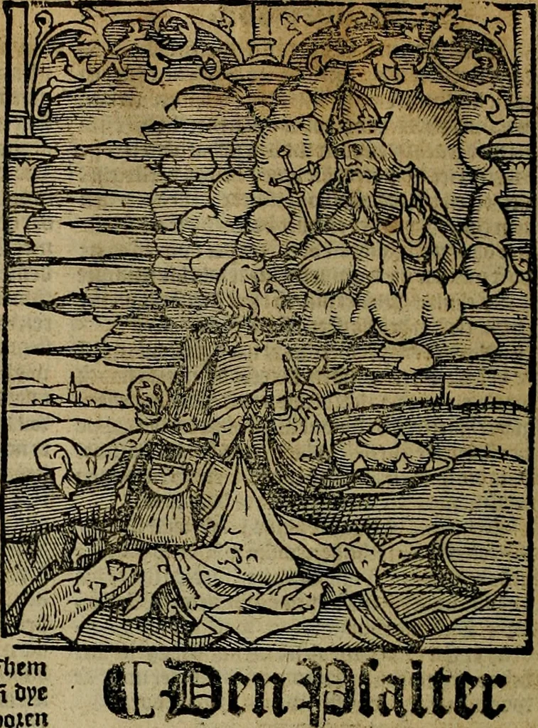 An illustration from Den Bibel, met grooter neersticheyt gecorrigeert : eñ op die canten gheset den ouderdom der werelt : ende hoe lange die gheschiedenissen ende historien der Bibelen elck int zijn voor Christus gheboorte gheweest zijn : ende daer bi vergadert wt fasciculus temporum, ende wt dye cronike va alder werelt, die principael historie der machtiger heydenscher conincrijcke, daer die heylige scrift oock dickwils af vermaent, tot een claerder verstant der Bibelscher historien : ende oock een onderscheyt der tijden te hebben, 1535, leaf 349