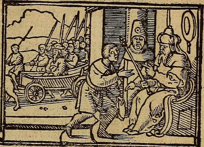 An illustration from Den Bibel, met grooter neersticheyt gecorrigeert : eñ op die canten gheset den ouderdom der werelt : ende hoe lange die gheschiedenissen ende historien der Bibelen elck int zijn voor Christus gheboorte gheweest zijn : ende daer bi vergadert wt fasciculus temporum, ende wt dye cronike va alder werelt, die principael historie der machtiger heydenscher conincrijcke, daer die heylige scrift oock dickwils af vermaent, tot een claerder verstant der Bibelscher historien : ende oock een onderscheyt der tijden te hebben, 1535, leaf 38