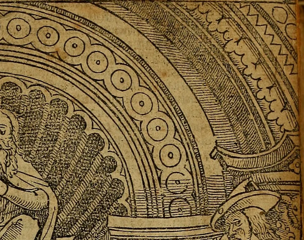 An illustration from Den Bibel, met grooter neersticheyt gecorrigeert : eñ op die canten gheset den ouderdom der werelt : ende hoe lange die gheschiedenissen ende historien der Bibelen elck int zijn voor Christus gheboorte gheweest zijn : ende daer bi vergadert wt fasciculus temporum, ende wt dye cronike va alder werelt, die principael historie der machtiger heydenscher conincrijcke, daer die heylige scrift oock dickwils af vermaent, tot een claerder verstant der Bibelscher historien : ende oock een onderscheyt der tijden te hebben, 1535, leaf 4