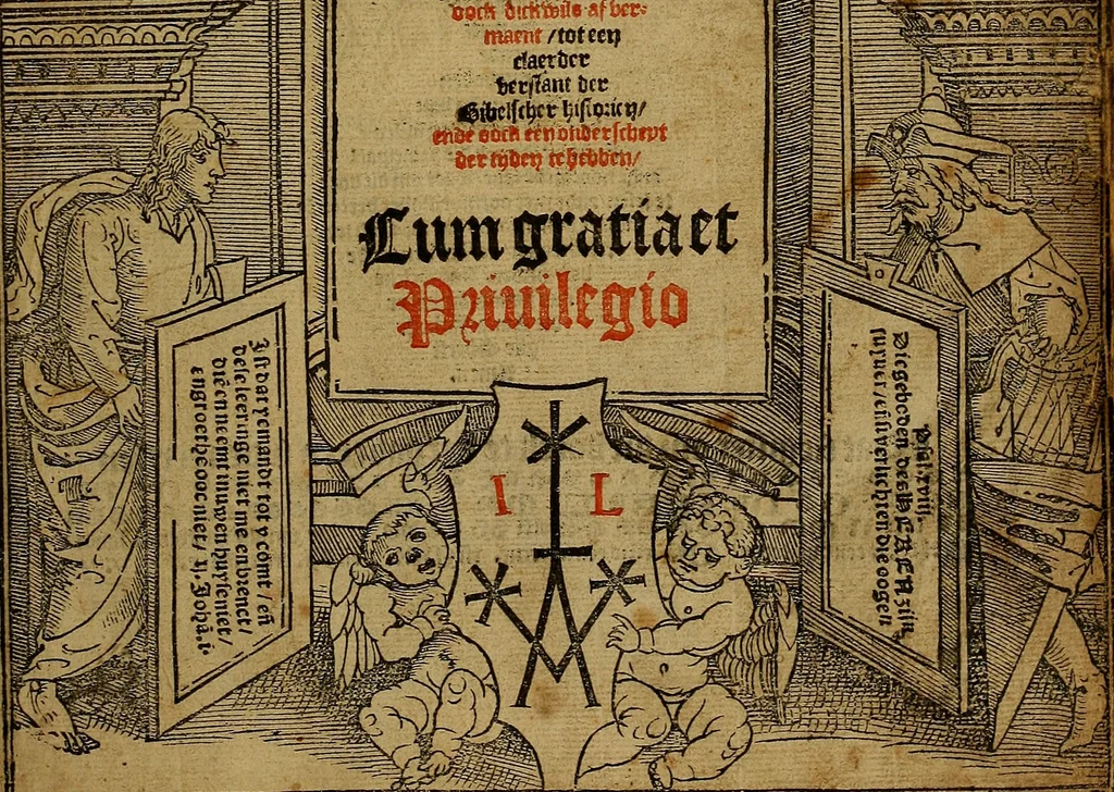 An illustration from Den Bibel, met grooter neersticheyt gecorrigeert : eñ op die canten gheset den ouderdom der werelt : ende hoe lange die gheschiedenissen ende historien der Bibelen elck int zijn voor Christus gheboorte gheweest zijn : ende daer bi vergadert wt fasciculus temporum, ende wt dye cronike va alder werelt, die principael historie der machtiger heydenscher conincrijcke, daer die heylige scrift oock dickwils af vermaent, tot een claerder verstant der Bibelscher historien : ende oock een onderscheyt der tijden te hebben, 1535, leaf 4