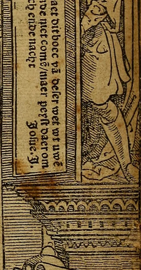 An illustration from Den Bibel, met grooter neersticheyt gecorrigeert : eñ op die canten gheset den ouderdom der werelt : ende hoe lange die gheschiedenissen ende historien der Bibelen elck int zijn voor Christus gheboorte gheweest zijn : ende daer bi vergadert wt fasciculus temporum, ende wt dye cronike va alder werelt, die principael historie der machtiger heydenscher conincrijcke, daer die heylige scrift oock dickwils af vermaent, tot een claerder verstant der Bibelscher historien : ende oock een onderscheyt der tijden te hebben, 1535, leaf 4