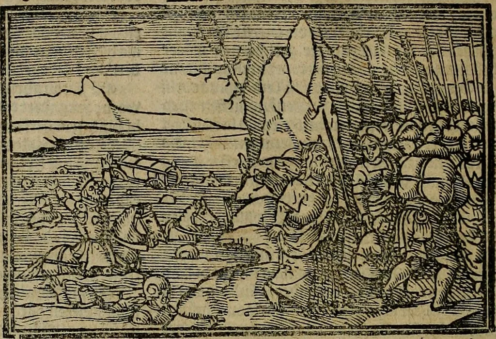 An illustration from Den Bibel, met grooter neersticheyt gecorrigeert : eñ op die canten gheset den ouderdom der werelt : ende hoe lange die gheschiedenissen ende historien der Bibelen elck int zijn voor Christus gheboorte gheweest zijn : ende daer bi vergadert wt fasciculus temporum, ende wt dye cronike va alder werelt, die principael historie der machtiger heydenscher conincrijcke, daer die heylige scrift oock dickwils af vermaent, tot een claerder verstant der Bibelscher historien : ende oock een onderscheyt der tijden te hebben, 1535, leaf 41