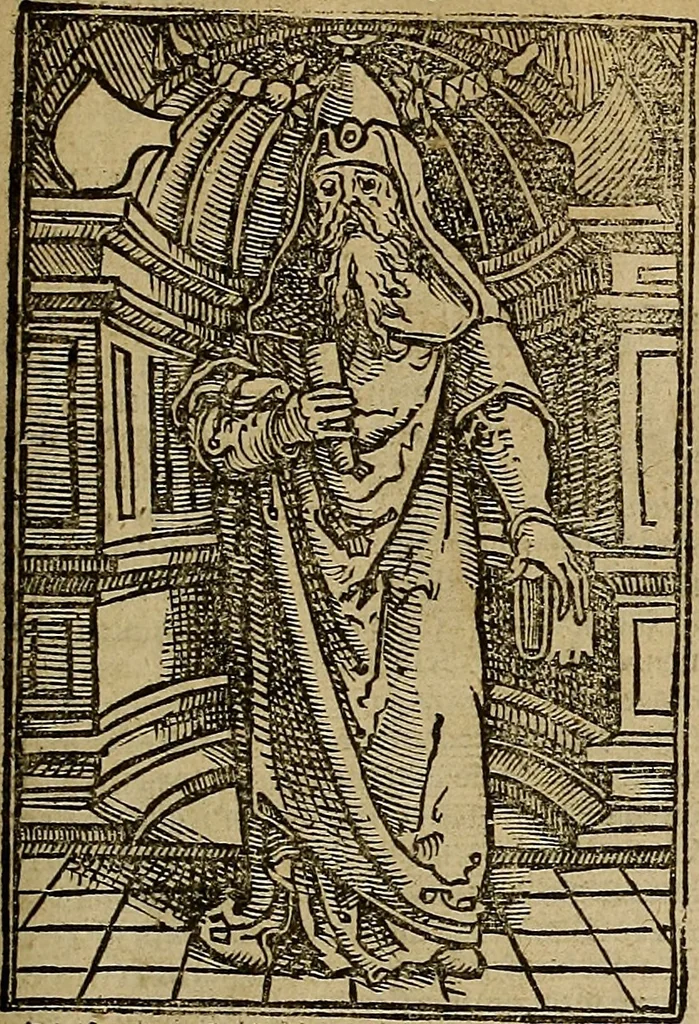 An illustration from Den Bibel, met grooter neersticheyt gecorrigeert : eñ op die canten gheset den ouderdom der werelt : ende hoe lange die gheschiedenissen ende historien der Bibelen elck int zijn voor Christus gheboorte gheweest zijn : ende daer bi vergadert wt fasciculus temporum, ende wt dye cronike va alder werelt, die principael historie der machtiger heydenscher conincrijcke, daer die heylige scrift oock dickwils af vermaent, tot een claerder verstant der Bibelscher historien : ende oock een onderscheyt der tijden te hebben, 1535, leaf 414