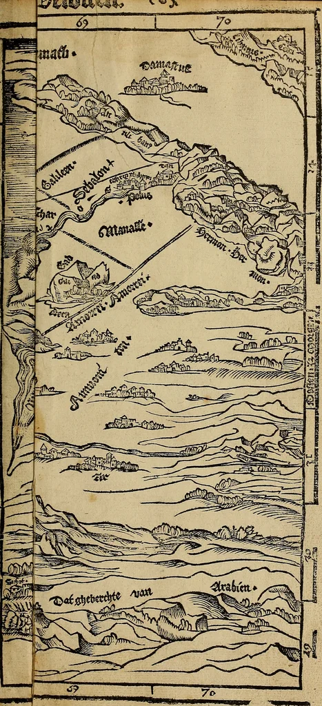 An illustration from Den Bibel, met grooter neersticheyt gecorrigeert : eñ op die canten gheset den ouderdom der werelt : ende hoe lange die gheschiedenissen ende historien der Bibelen elck int zijn voor Christus gheboorte gheweest zijn : ende daer bi vergadert wt fasciculus temporum, ende wt dye cronike va alder werelt, die principael historie der machtiger heydenscher conincrijcke, daer die heylige scrift oock dickwils af vermaent, tot een claerder verstant der Bibelscher historien : ende oock een onderscheyt der tijden te hebben, 1535, leaf 42