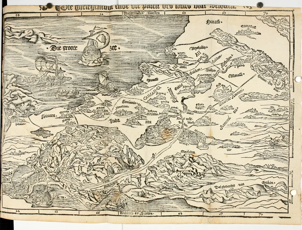 An illustration from Den Bibel, met grooter neersticheyt gecorrigeert : eñ op die canten gheset den ouderdom der werelt : ende hoe lange die gheschiedenissen ende historien der Bibelen elck int zijn voor Christus gheboorte gheweest zijn : ende daer bi vergadert wt fasciculus temporum, ende wt dye cronike va alder werelt, die principael historie der machtiger heydenscher conincrijcke, daer die heylige scrift oock dickwils af vermaent, tot een claerder verstant der Bibelscher historien : ende oock een onderscheyt der tijden te hebben, 1535, leaf 43