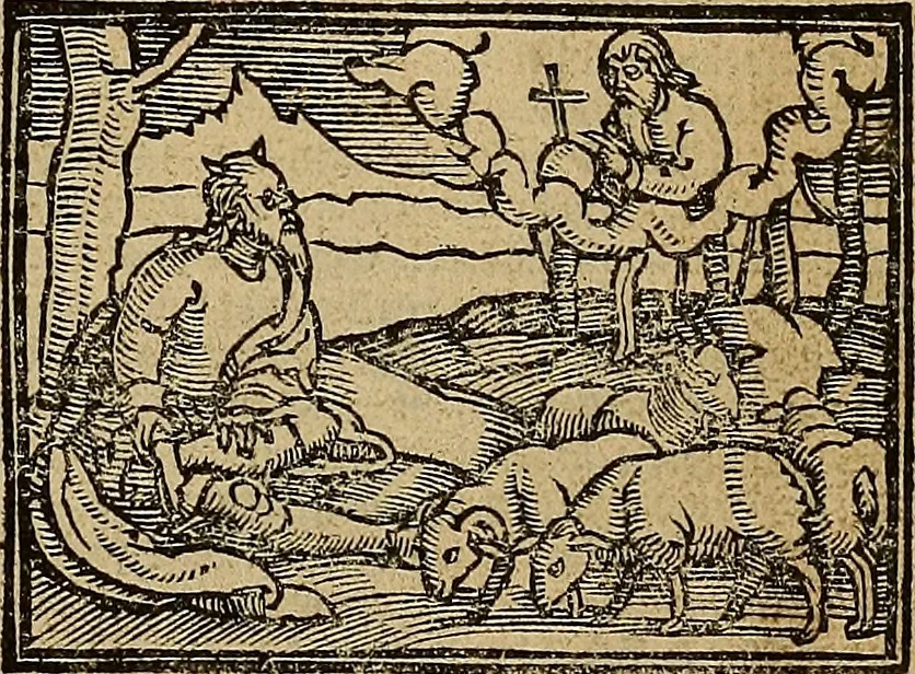An illustration from Den Bibel, met grooter neersticheyt gecorrigeert : eñ op die canten gheset den ouderdom der werelt : ende hoe lange die gheschiedenissen ende historien der Bibelen elck int zijn voor Christus gheboorte gheweest zijn : ende daer bi vergadert wt fasciculus temporum, ende wt dye cronike va alder werelt, die principael historie der machtiger heydenscher conincrijcke, daer die heylige scrift oock dickwils af vermaent, tot een claerder verstant der Bibelscher historien : ende oock een onderscheyt der tijden te hebben, 1535, leaf 44