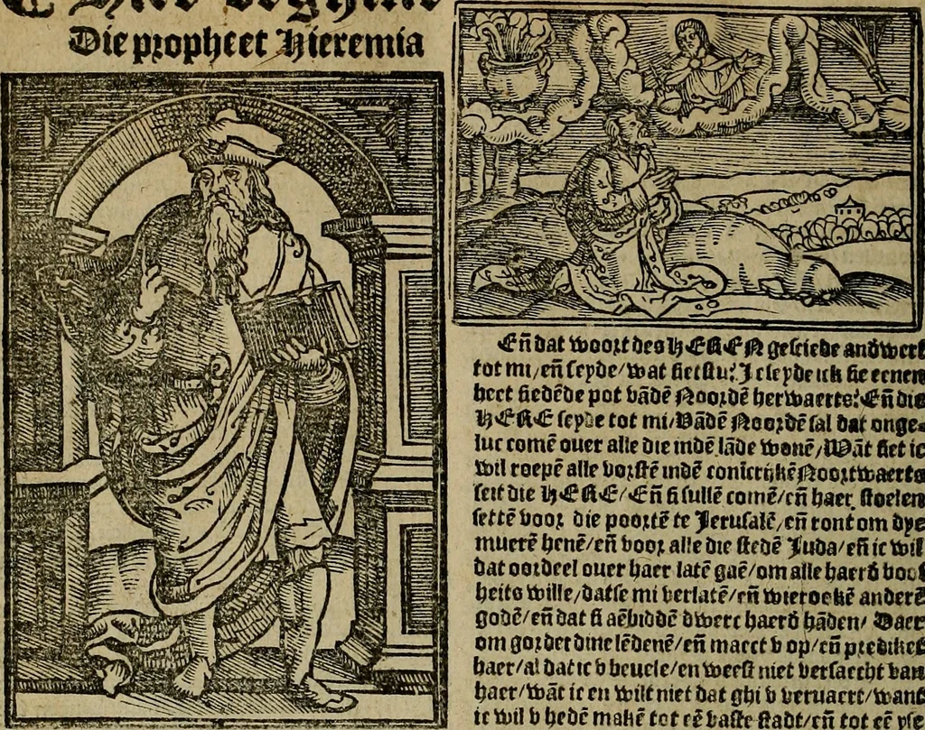 An illustration from Den Bibel, met grooter neersticheyt gecorrigeert : eñ op die canten gheset den ouderdom der werelt : ende hoe lange die gheschiedenissen ende historien der Bibelen elck int zijn voor Christus gheboorte gheweest zijn : ende daer bi vergadert wt fasciculus temporum, ende wt dye cronike va alder werelt, die principael historie der machtiger heydenscher conincrijcke, daer die heylige scrift oock dickwils af vermaent, tot een claerder verstant der Bibelscher historien : ende oock een onderscheyt der tijden te hebben, 1535, leaf 451