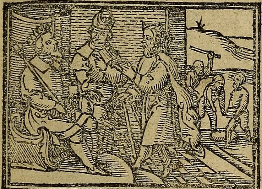 An illustration from Den Bibel, met grooter neersticheyt gecorrigeert : eñ op die canten gheset den ouderdom der werelt : ende hoe lange die gheschiedenissen ende historien der Bibelen elck int zijn voor Christus gheboorte gheweest zijn : ende daer bi vergadert wt fasciculus temporum, ende wt dye cronike va alder werelt, die principael historie der machtiger heydenscher conincrijcke, daer die heylige scrift oock dickwils af vermaent, tot een claerder verstant der Bibelscher historien : ende oock een onderscheyt der tijden te hebben, 1535, leaf 46