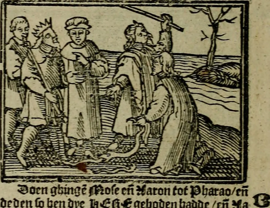 An illustration from Den Bibel, met grooter neersticheyt gecorrigeert : eñ op die canten gheset den ouderdom der werelt : ende hoe lange die gheschiedenissen ende historien der Bibelen elck int zijn voor Christus gheboorte gheweest zijn : ende daer bi vergadert wt fasciculus temporum, ende wt dye cronike va alder werelt, die principael historie der machtiger heydenscher conincrijcke, daer die heylige scrift oock dickwils af vermaent, tot een claerder verstant der Bibelscher historien : ende oock een onderscheyt der tijden te hebben, 1535, leaf 47
