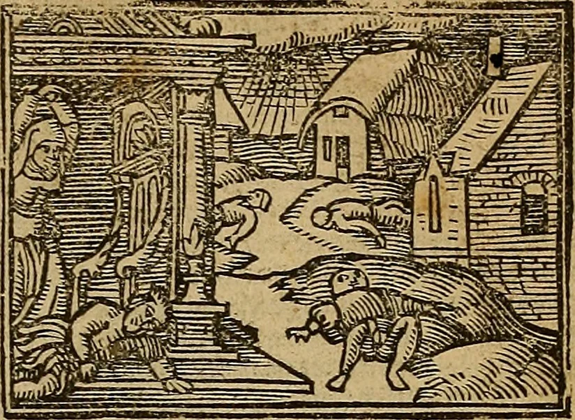 An illustration from Den Bibel, met grooter neersticheyt gecorrigeert : eñ op die canten gheset den ouderdom der werelt : ende hoe lange die gheschiedenissen ende historien der Bibelen elck int zijn voor Christus gheboorte gheweest zijn : ende daer bi vergadert wt fasciculus temporum, ende wt dye cronike va alder werelt, die principael historie der machtiger heydenscher conincrijcke, daer die heylige scrift oock dickwils af vermaent, tot een claerder verstant der Bibelscher historien : ende oock een onderscheyt der tijden te hebben, 1535, leaf 50