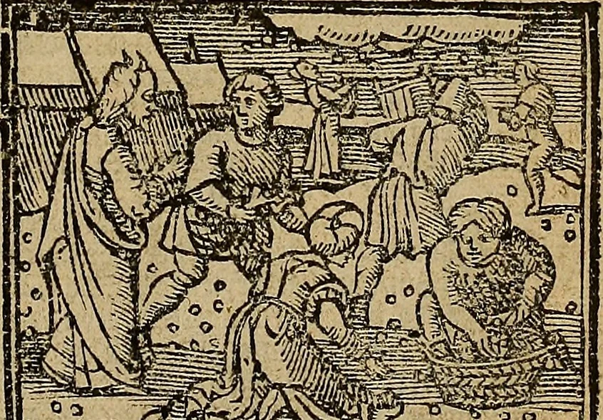 An illustration from Den Bibel, met grooter neersticheyt gecorrigeert : eñ op die canten gheset den ouderdom der werelt : ende hoe lange die gheschiedenissen ende historien der Bibelen elck int zijn voor Christus gheboorte gheweest zijn : ende daer bi vergadert wt fasciculus temporum, ende wt dye cronike va alder werelt, die principael historie der machtiger heydenscher conincrijcke, daer die heylige scrift oock dickwils af vermaent, tot een claerder verstant der Bibelscher historien : ende oock een onderscheyt der tijden te hebben, 1535, leaf 54