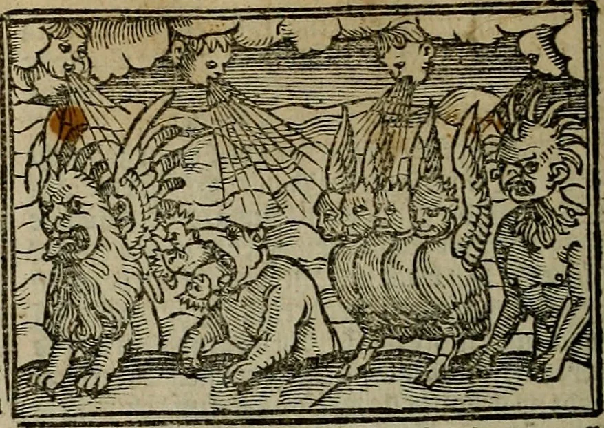 An illustration from Den Bibel, met grooter neersticheyt gecorrigeert : eñ op die canten gheset den ouderdom der werelt : ende hoe lange die gheschiedenissen ende historien der Bibelen elck int zijn voor Christus gheboorte gheweest zijn : ende daer bi vergadert wt fasciculus temporum, ende wt dye cronike va alder werelt, die principael historie der machtiger heydenscher conincrijcke, daer die heylige scrift oock dickwils af vermaent, tot een claerder verstant der Bibelscher historien : ende oock een onderscheyt der tijden te hebben, 1535, leaf 545