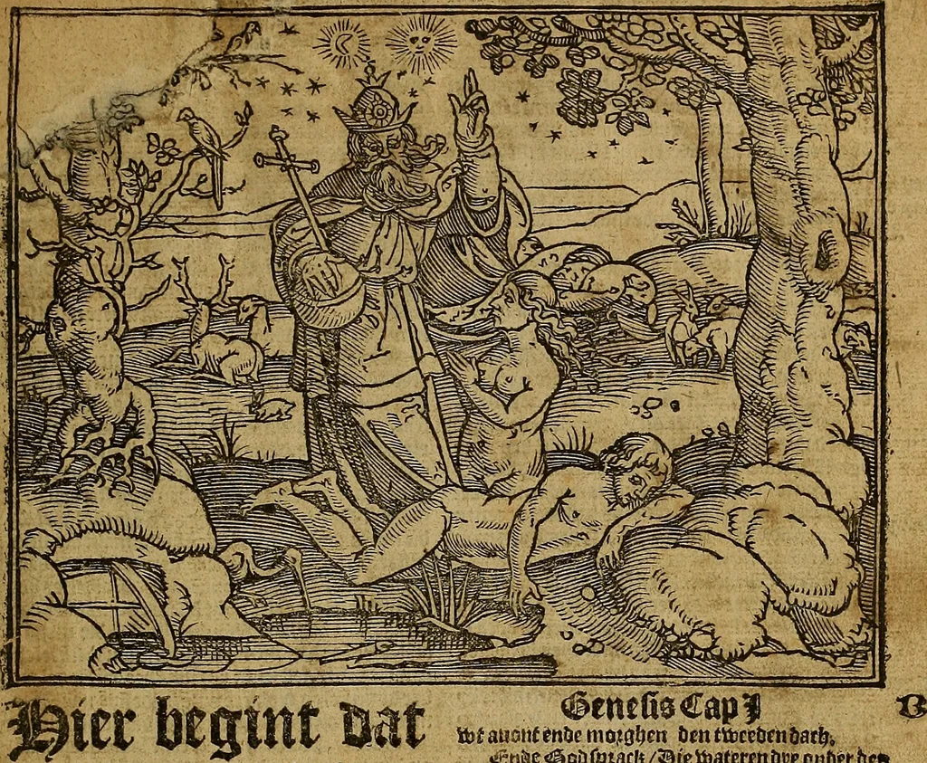 An illustration from Den Bibel, met grooter neersticheyt gecorrigeert : eñ op die canten gheset den ouderdom der werelt : ende hoe lange die gheschiedenissen ende historien der Bibelen elck int zijn voor Christus gheboorte gheweest zijn : ende daer bi vergadert wt fasciculus temporum, ende wt dye cronike va alder werelt, die principael historie der machtiger heydenscher conincrijcke, daer die heylige scrift oock dickwils af vermaent, tot een claerder verstant der Bibelscher historien : ende oock een onderscheyt der tijden te hebben, 1535, leaf 6