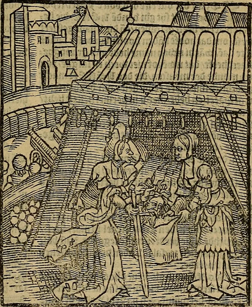 An illustration from Den Bibel, met grooter neersticheyt gecorrigeert : eñ op die canten gheset den ouderdom der werelt : ende hoe lange die gheschiedenissen ende historien der Bibelen elck int zijn voor Christus gheboorte gheweest zijn : ende daer bi vergadert wt fasciculus temporum, ende wt dye cronike va alder werelt, die principael historie der machtiger heydenscher conincrijcke, daer die heylige scrift oock dickwils af vermaent, tot een claerder verstant der Bibelscher historien : ende oock een onderscheyt der tijden te hebben, 1535, leaf 624