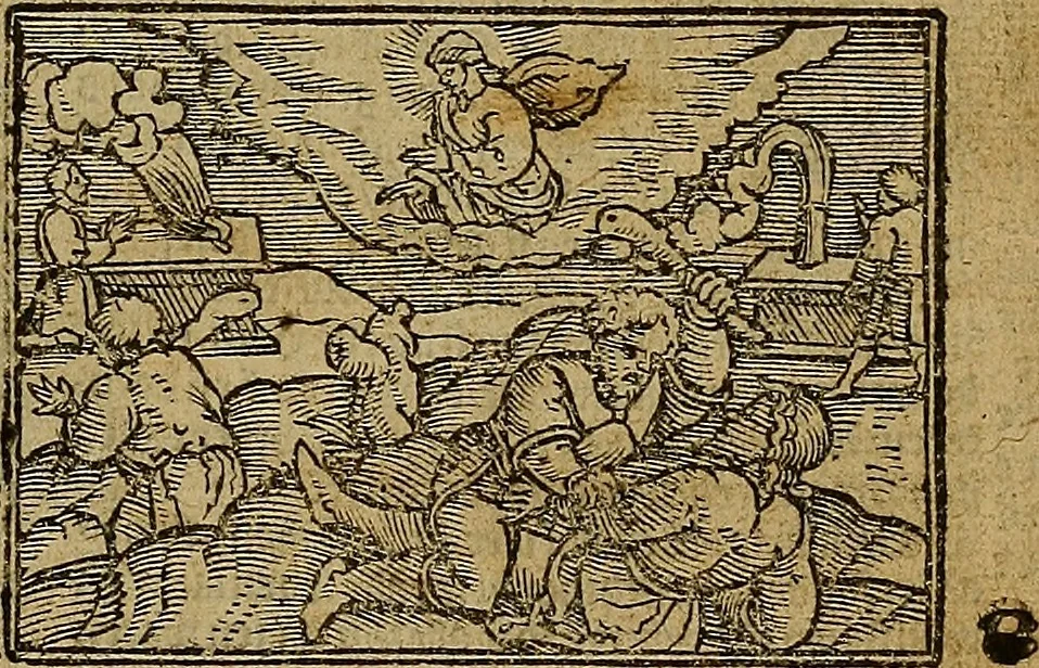 An illustration from Den Bibel, met grooter neersticheyt gecorrigeert : eñ op die canten gheset den ouderdom der werelt : ende hoe lange die gheschiedenissen ende historien der Bibelen elck int zijn voor Christus gheboorte gheweest zijn : ende daer bi vergadert wt fasciculus temporum, ende wt dye cronike va alder werelt, die principael historie der machtiger heydenscher conincrijcke, daer die heylige scrift oock dickwils af vermaent, tot een claerder verstant der Bibelscher historien : ende oock een onderscheyt der tijden te hebben, 1535, leaf 8